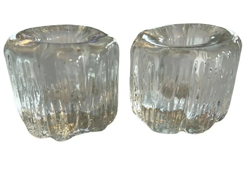 Vintage Ice Art Glass Candleholders MCM 70’s Scandinavian